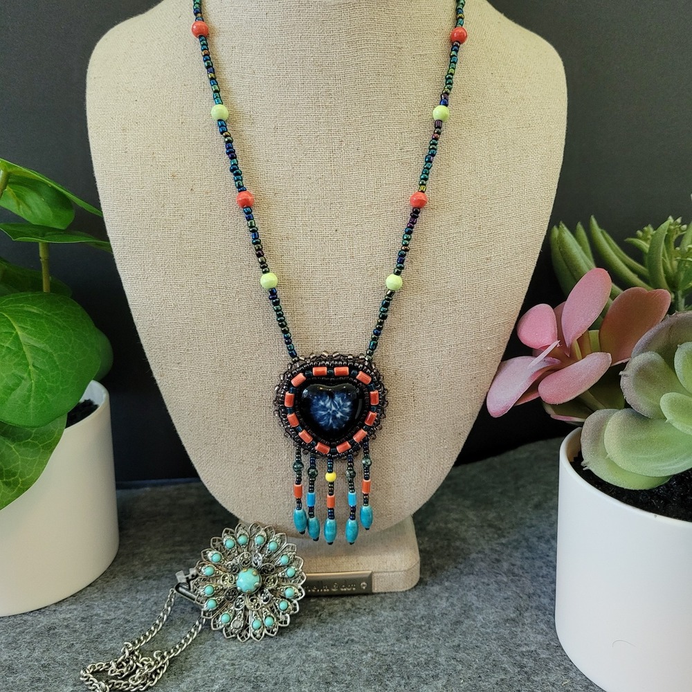 Artisan Beaded Filigree Statement Necklace Lot 2 Turquoise Color Boho 17"